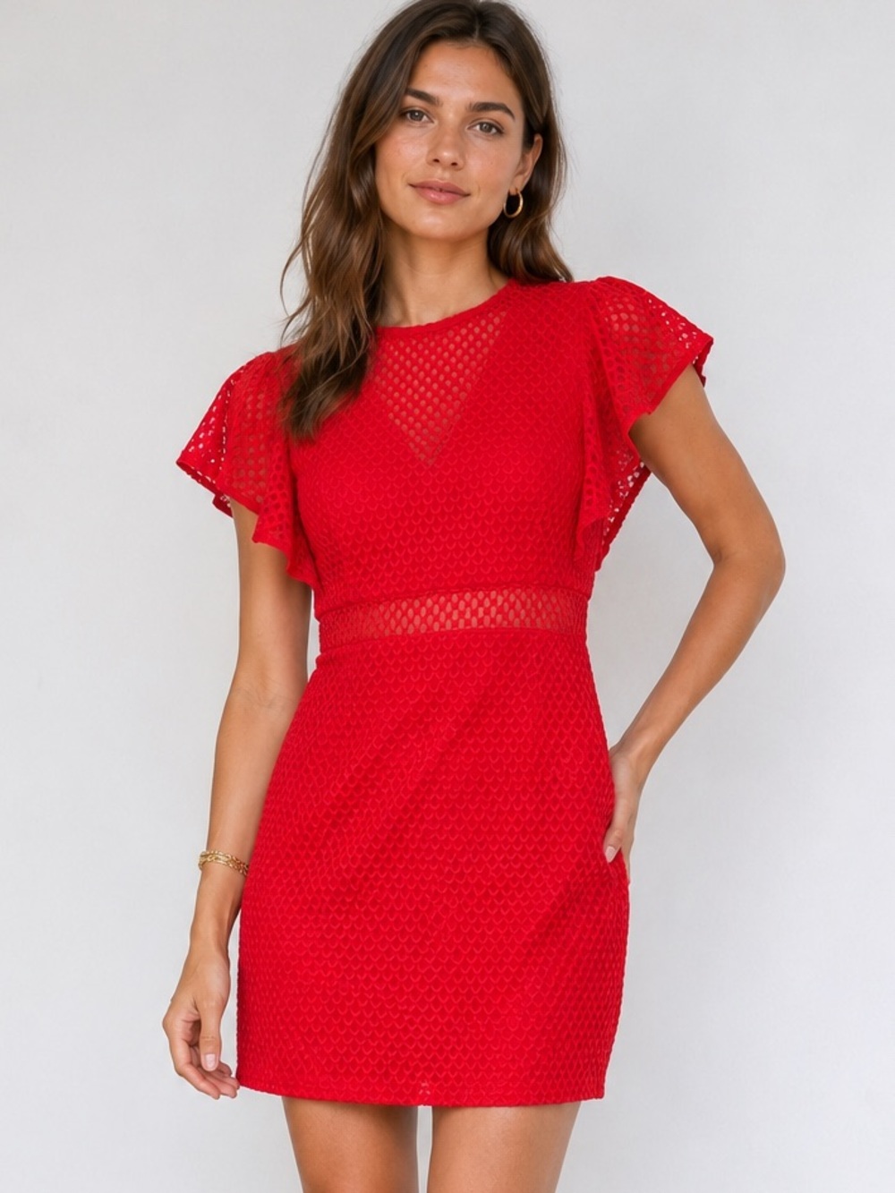 Maje Roucoul Red Heart Lace Cocktail Dress Flutter Sleeve Silk Size 2 XS S